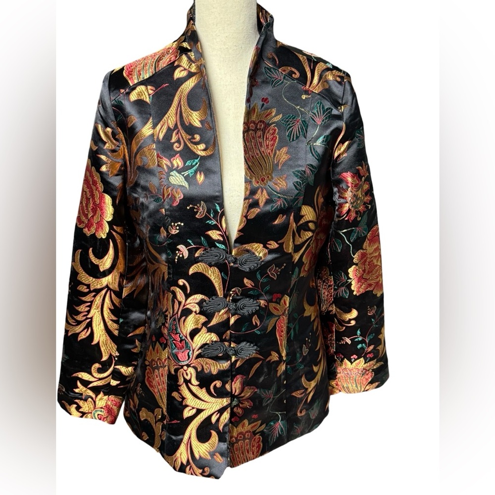 Soft Surroundings Moon Dynasty Jacket Brocade Metallic Floral Mandarin Sz M